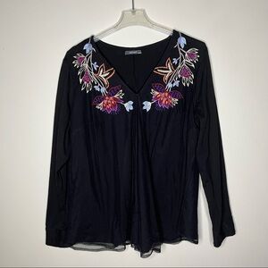 eShakti Black Pullover Top with Embroidered Neckline and Sheer Overlay SZ 2X